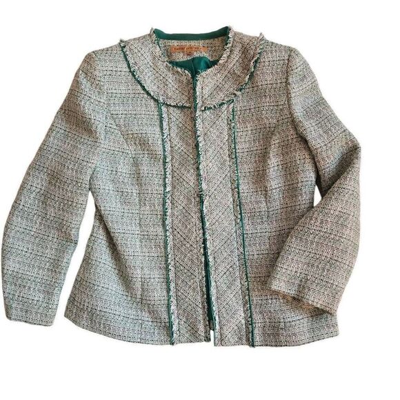 Nipon Boutique Womens Open Front Frayed Trim Tweed Blazer Jacket Green White 4 - Picture 4 of 12